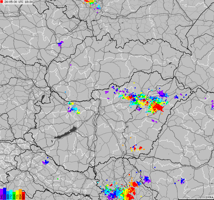 Map of lightnings across Slovakia, Hungary