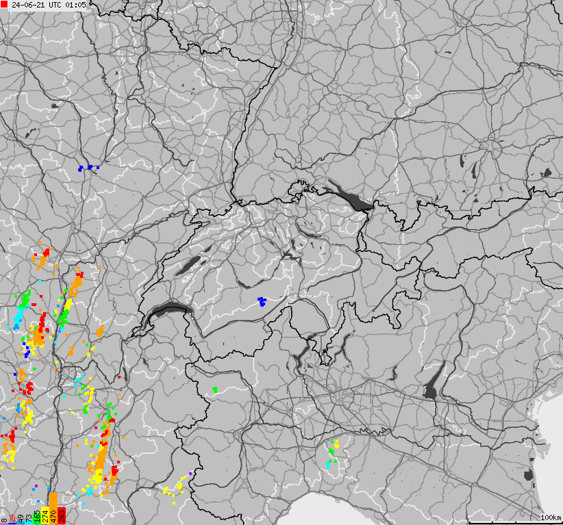Map of lightnings across Switzerland and Liechtenstein