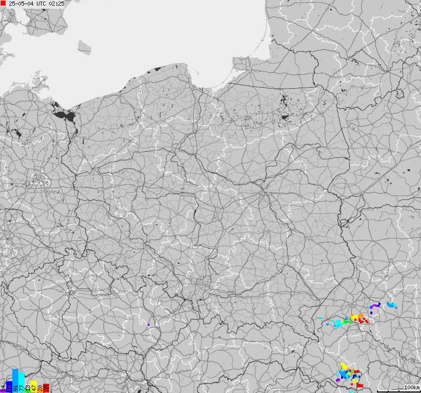 Mapa wyładowań atmosferycznych na obszarze Polski