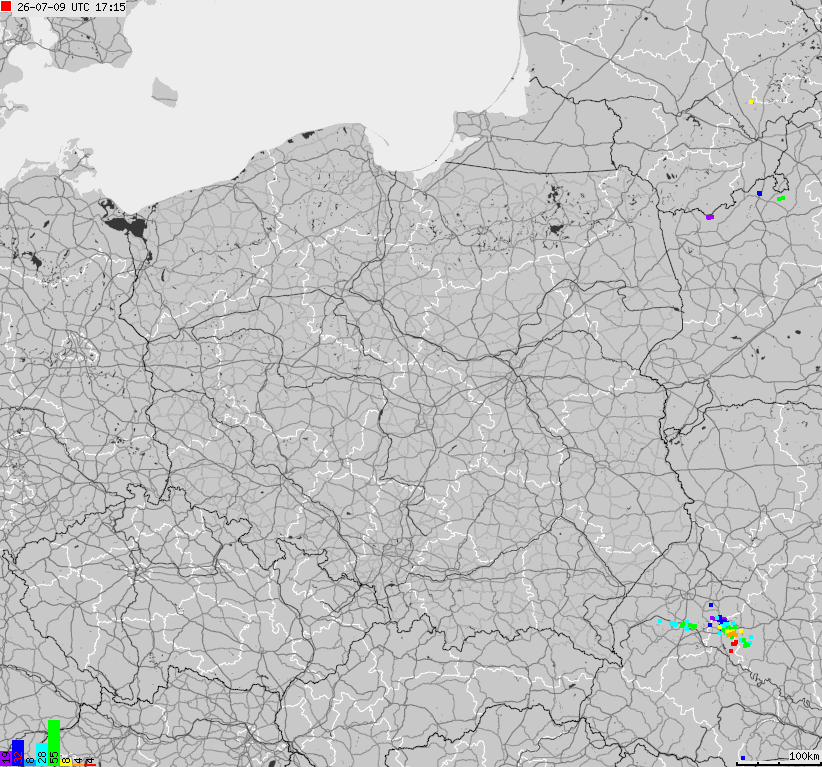 Mapa wyładowań atmosferycznych na obszarze Polski