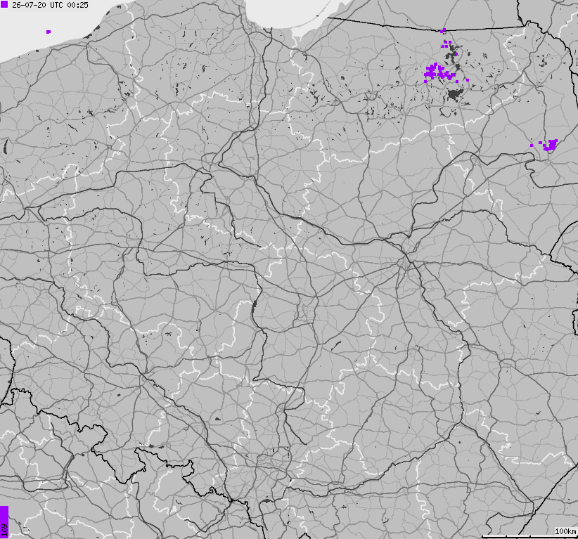 Map of lightnings across Poland