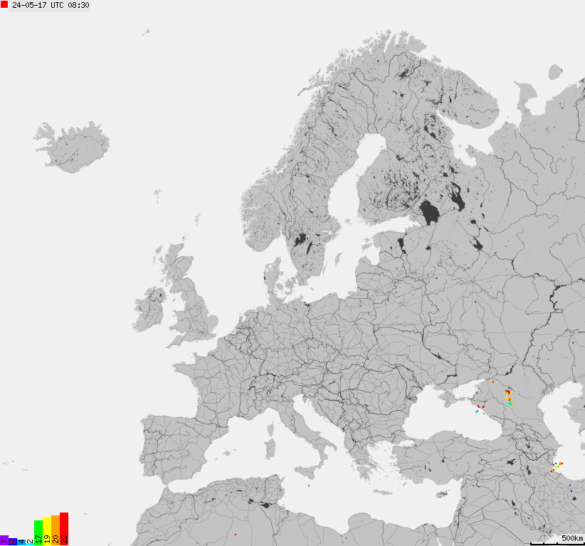 Mapa wyładowań atmosferycznych na obszarze Europy
