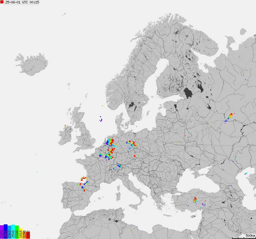 Mapa wyładowań atmosferycznych na obszarze Europy