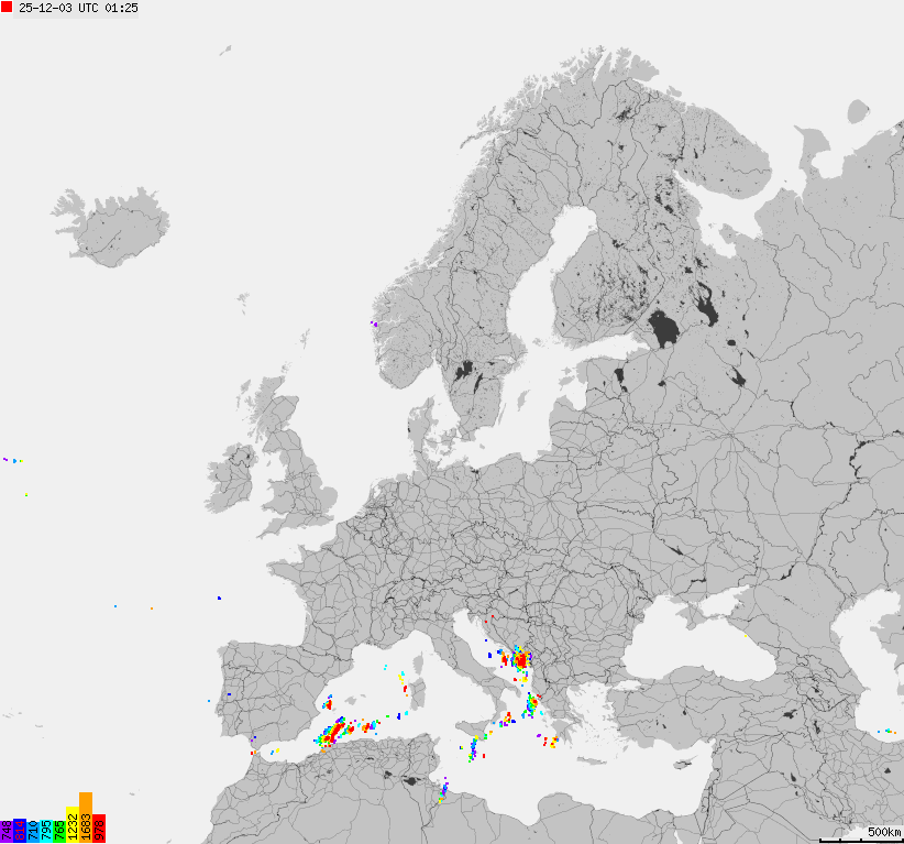 Map of lightnings across Europe