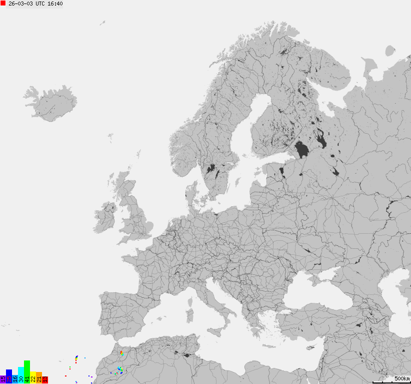Mapa wyładowań atmosferycznych na obszarze Europy