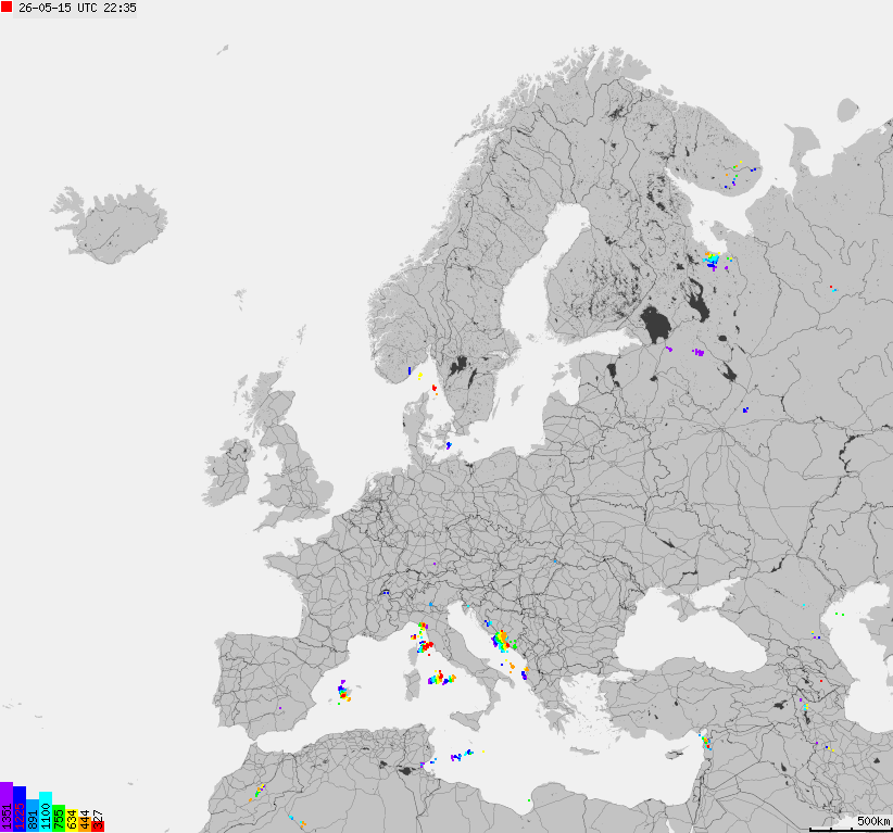 Mapa wyładowań atmosferycznych na obszarze Europy
