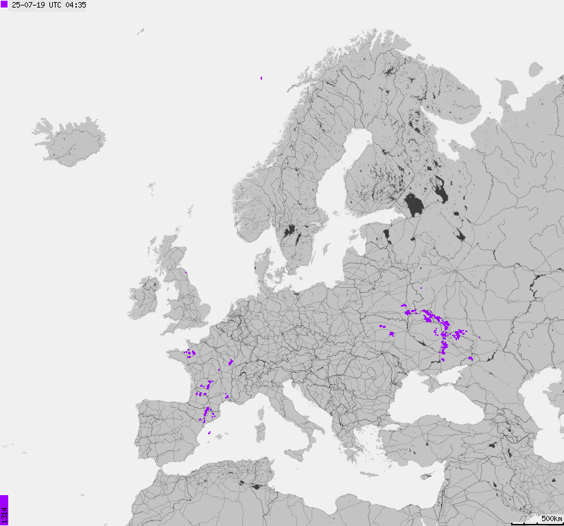 Map of lightnings across Europe