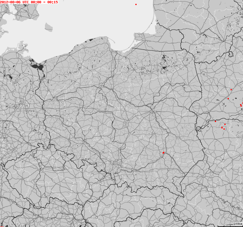 Mapa Polski animowana, wyładowania atmosferyczne