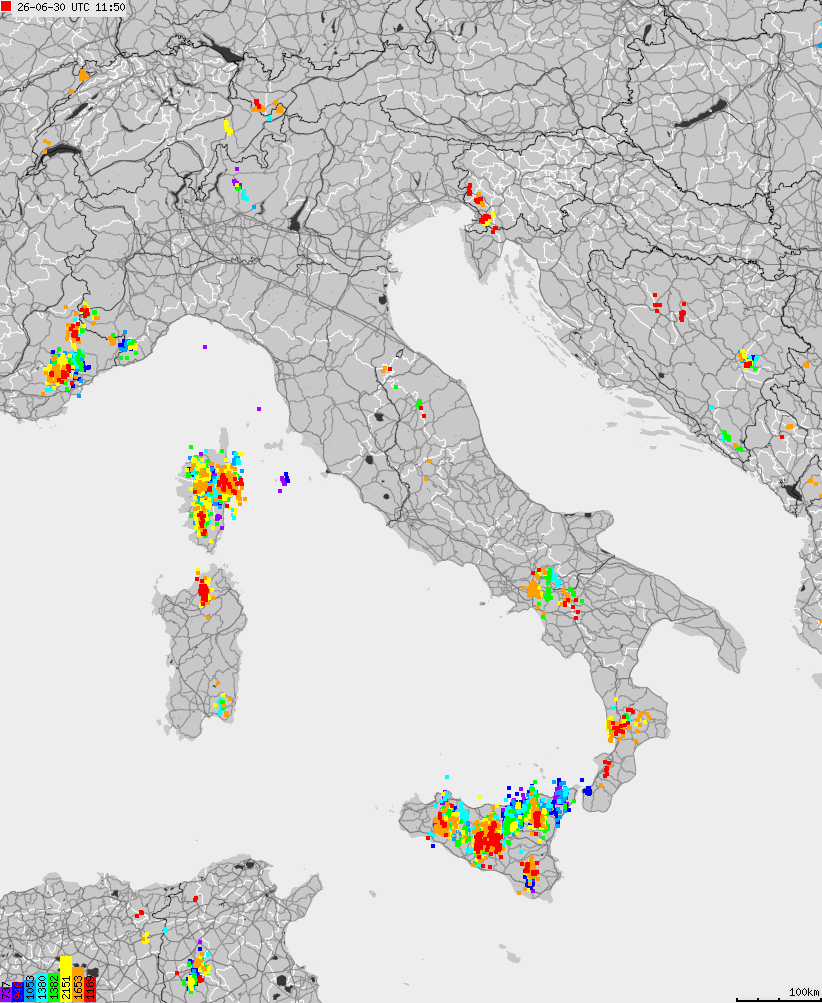 Map of lightnings across Italy