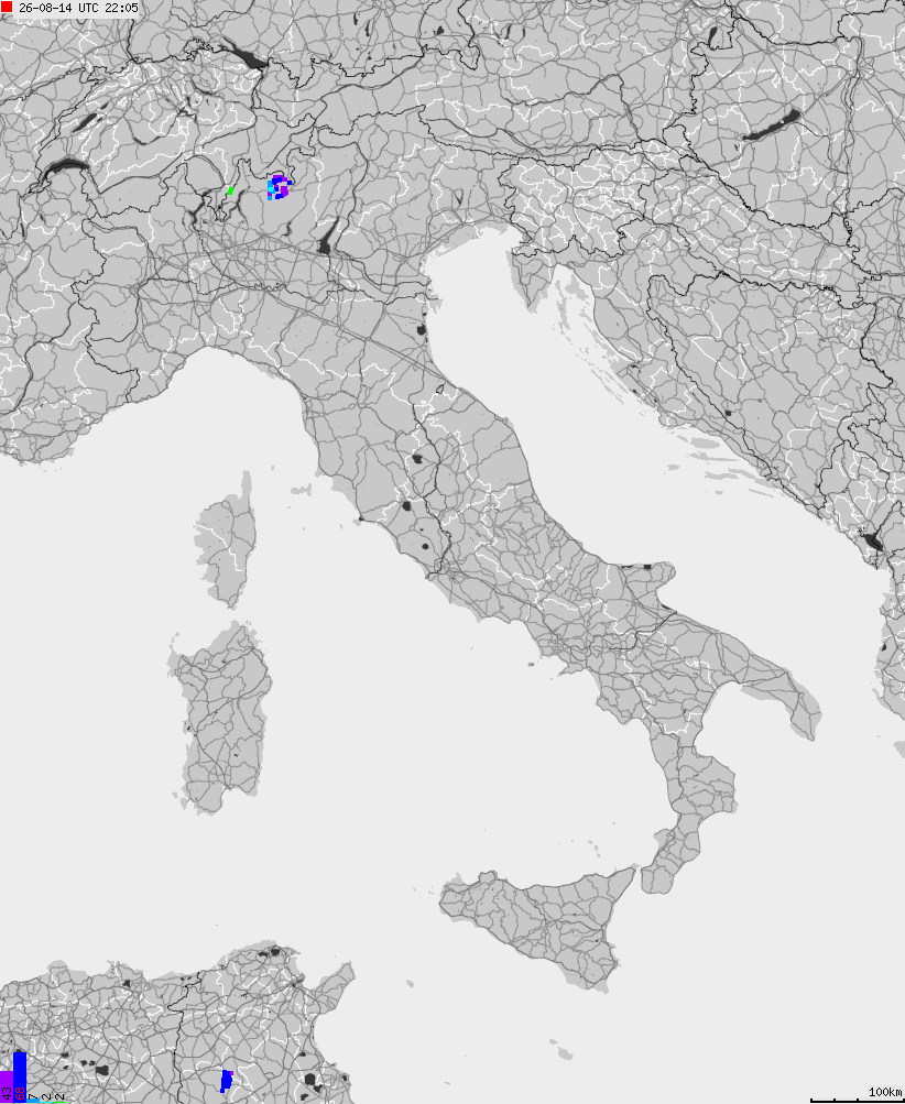 Mapa wyładowań atmosferycznych na obszarze Włoch