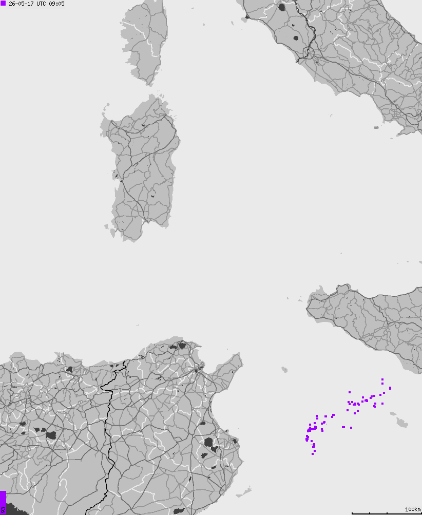 Mapa wyładowań atmosferycznych na obszarze Włoch