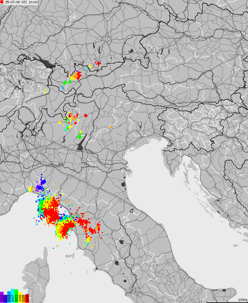 Map of lightnings across Italy