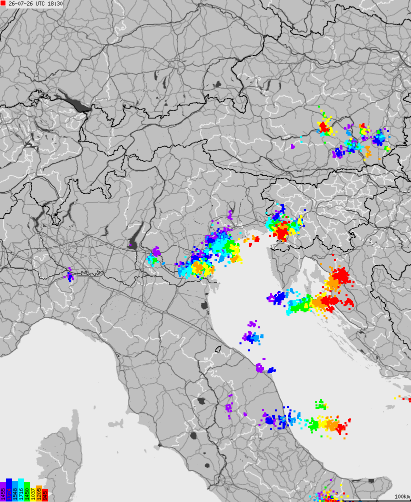 Map of lightnings across Italy