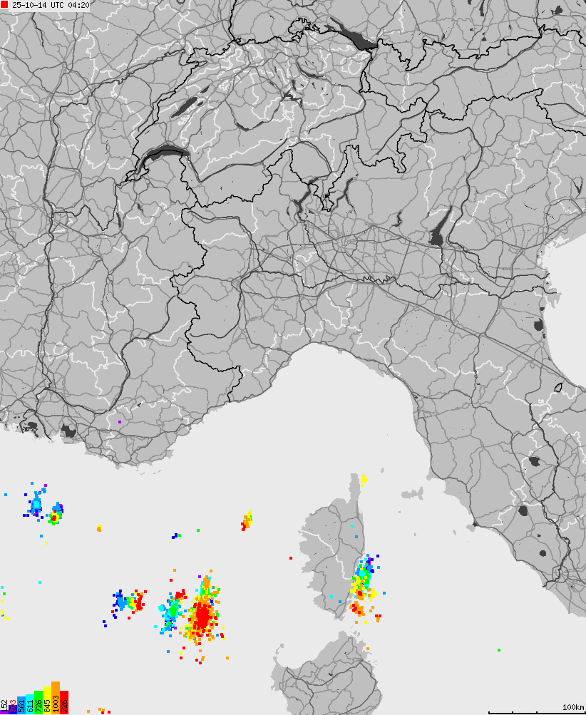 Mapa wyładowań atmosferycznych na obszarze Włoch
