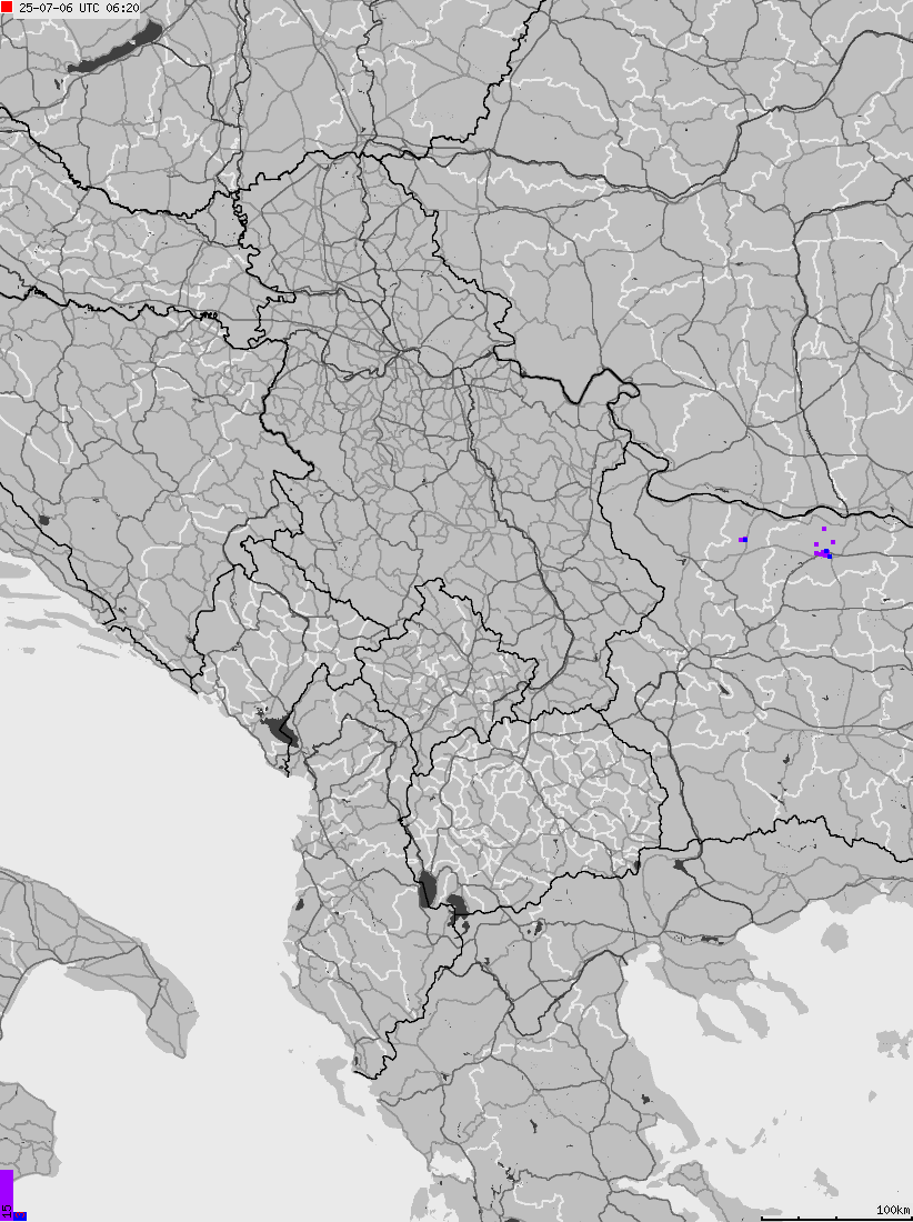 Map of lightnings across Albania, Kosovo, Montenegro, Northern Macedonia, Serbia