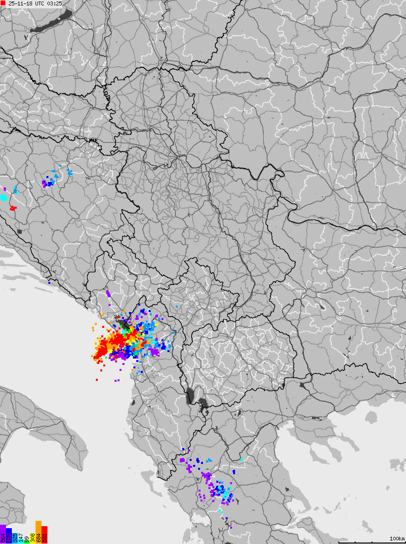 Mapa wyładowań atmosferycznych na obszarze Albanii, Czarnogóry, Kosowa, Macedonii, Serbii