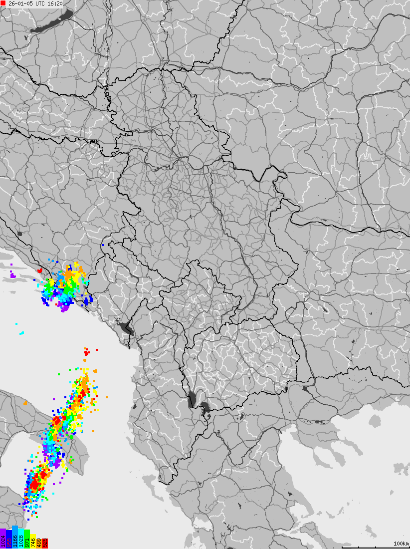 Map of lightnings across Albania, Kosovo, Montenegro, Northern Macedonia, Serbia