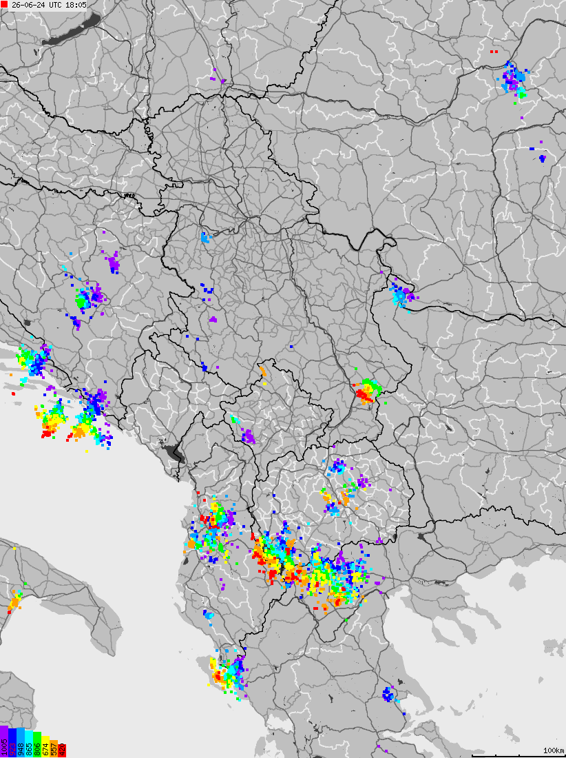 Mapa wyładowań atmosferycznych na obszarze Albanii, Czarnogóry, Kosowa, Macedonii, Serbii