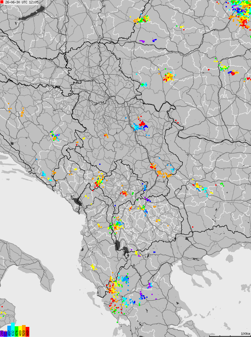 Map of lightnings across Albania, Kosovo, Montenegro, Northern Macedonia, Serbia