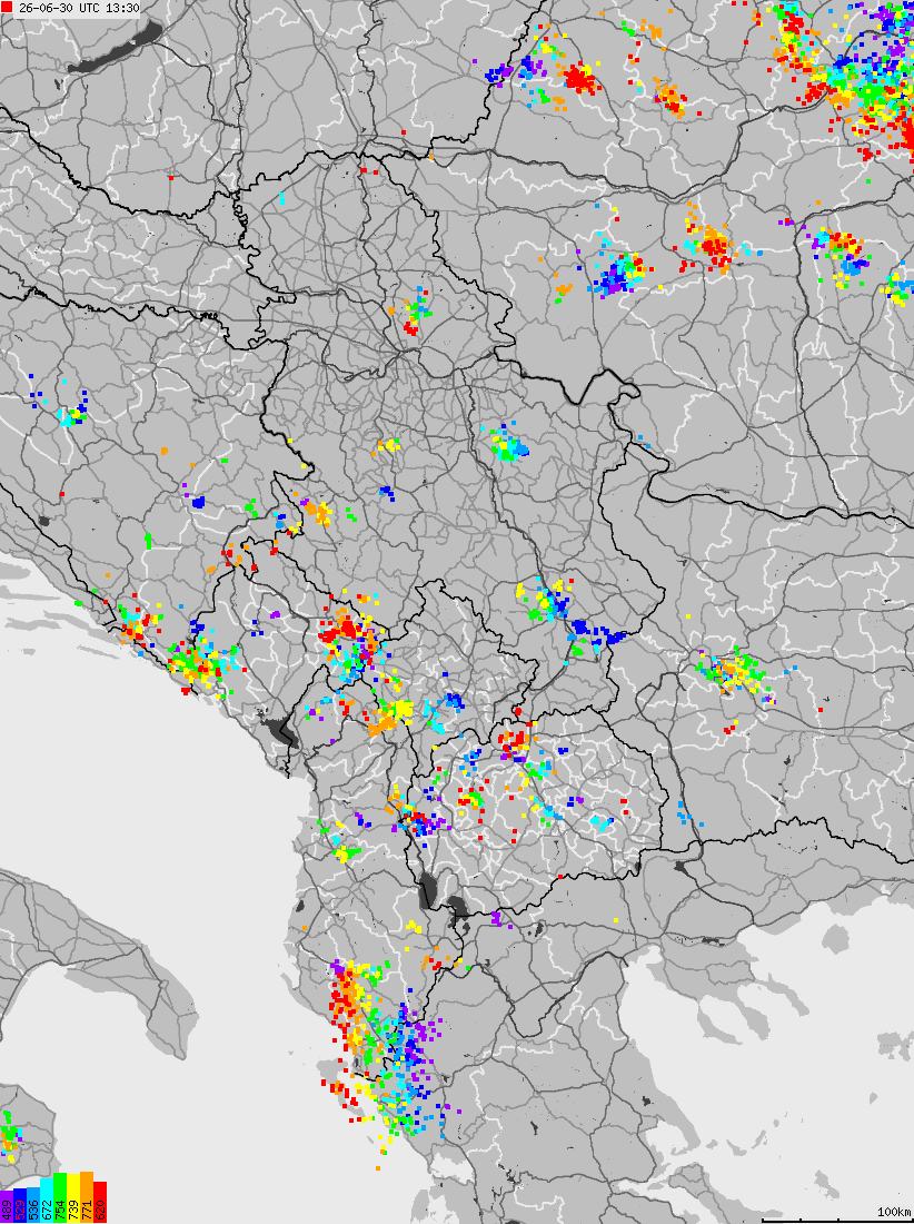 Map of lightnings across Albania, Kosovo, Montenegro, Northern Macedonia, Serbia