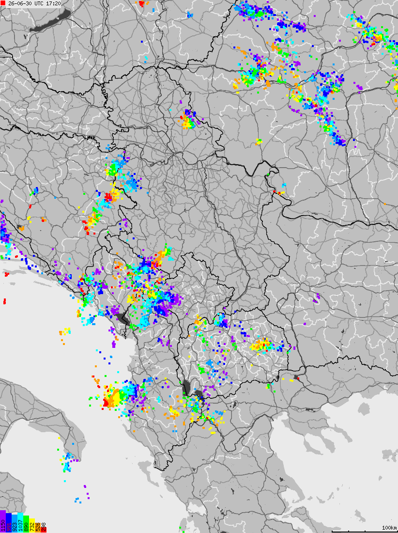 Map of lightnings across Albania, Kosovo, Montenegro, Northern Macedonia, Serbia
