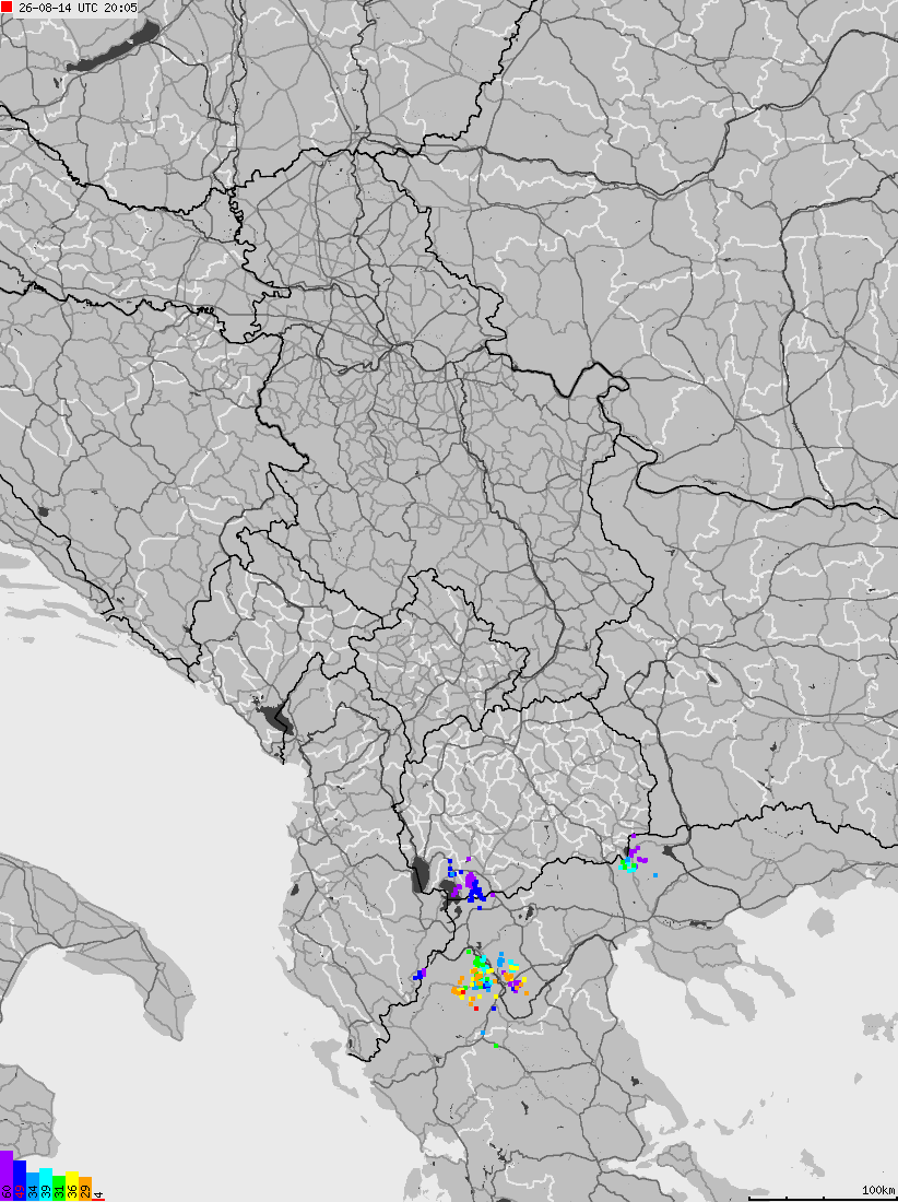 Map of lightnings across Albania, Kosovo, Montenegro, Northern Macedonia, Serbia