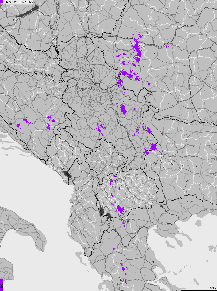 Map of lightnings across Albania, Kosovo, Montenegro, Northern Macedonia, Serbia