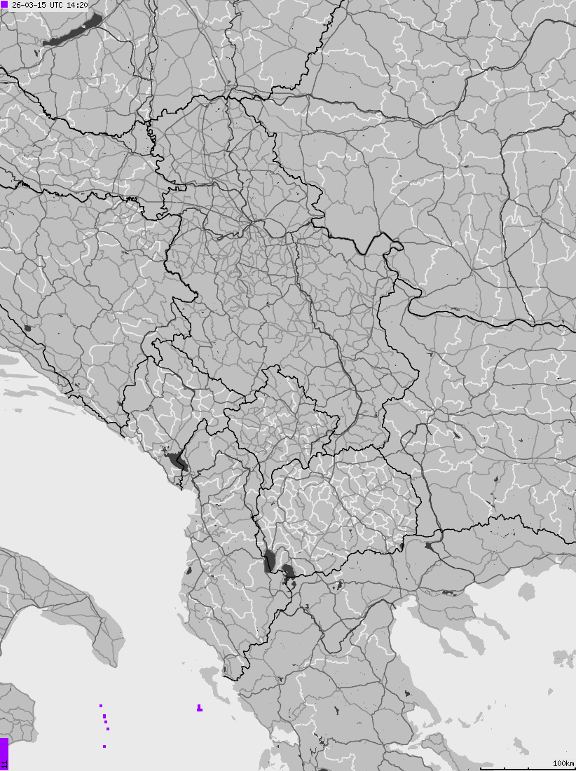 Mapa wyładowań atmosferycznych na obszarze Albanii, Czarnogóry, Kosowa, Macedonii, Serbii