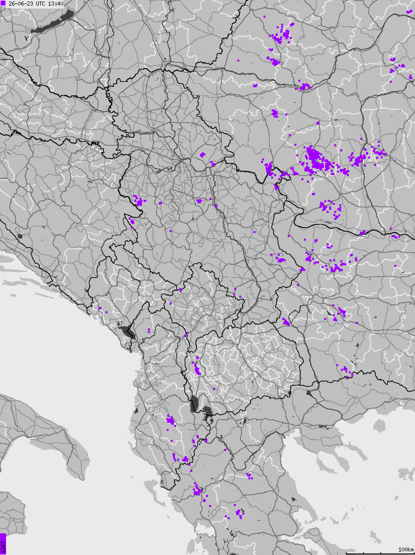 Mapa wyładowań atmosferycznych na obszarze Albanii, Czarnogóry, Kosowa, Macedonii, Serbii