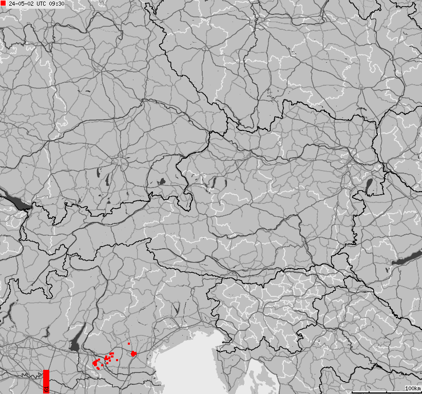 Mapa wyładowań atmosferycznych na obszarze Austrii