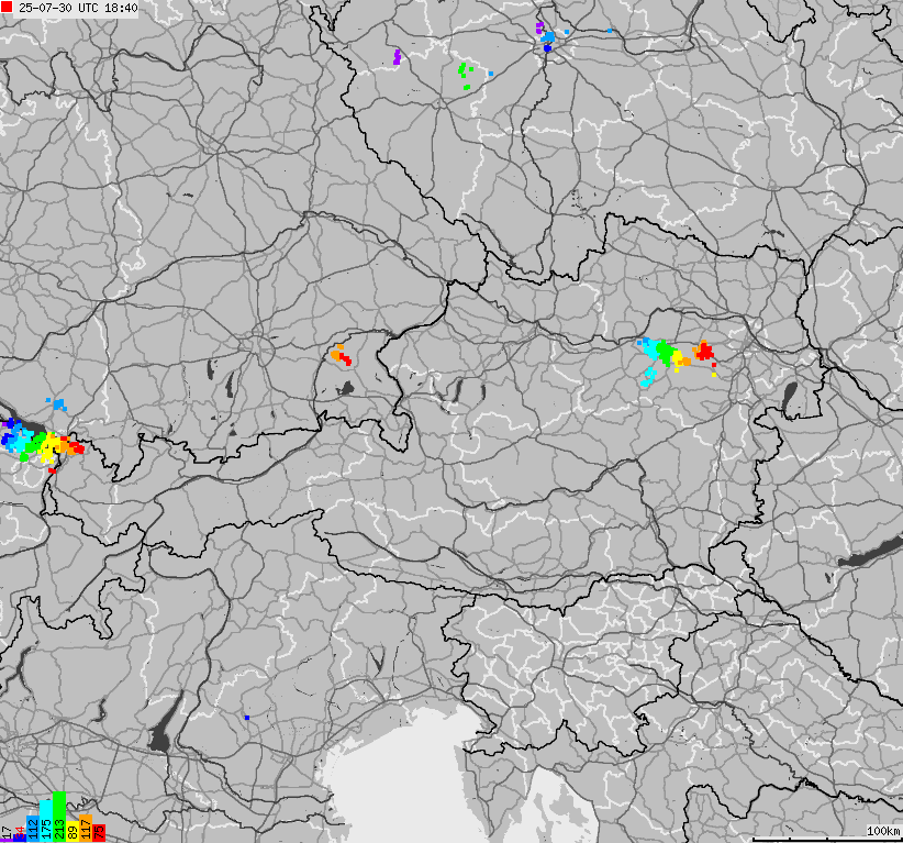 Mapa wyładowań atmosferycznych na obszarze Austrii