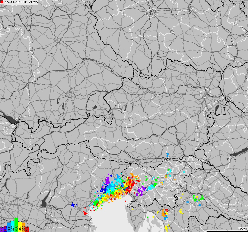 Mapa wyładowań atmosferycznych na obszarze Austrii