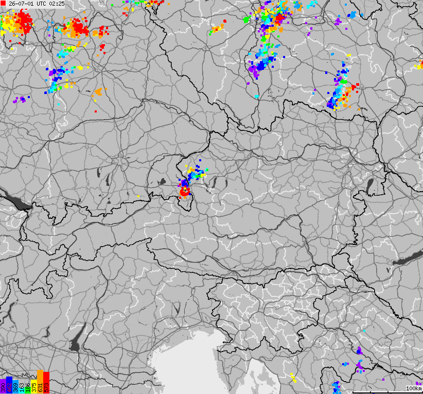 Mapa wyładowań atmosferycznych na obszarze Austrii