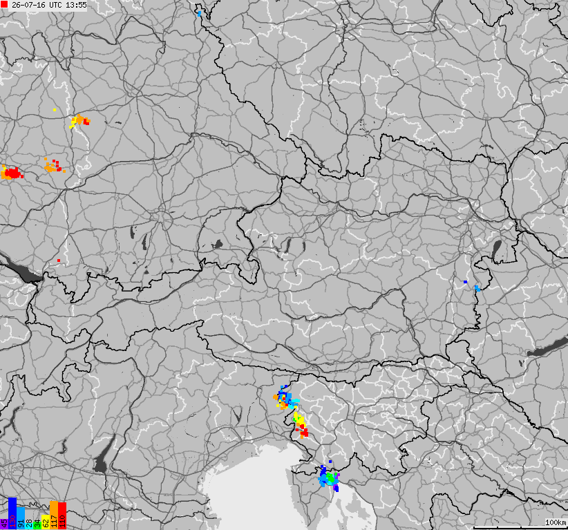 Map of lightnings across Austria