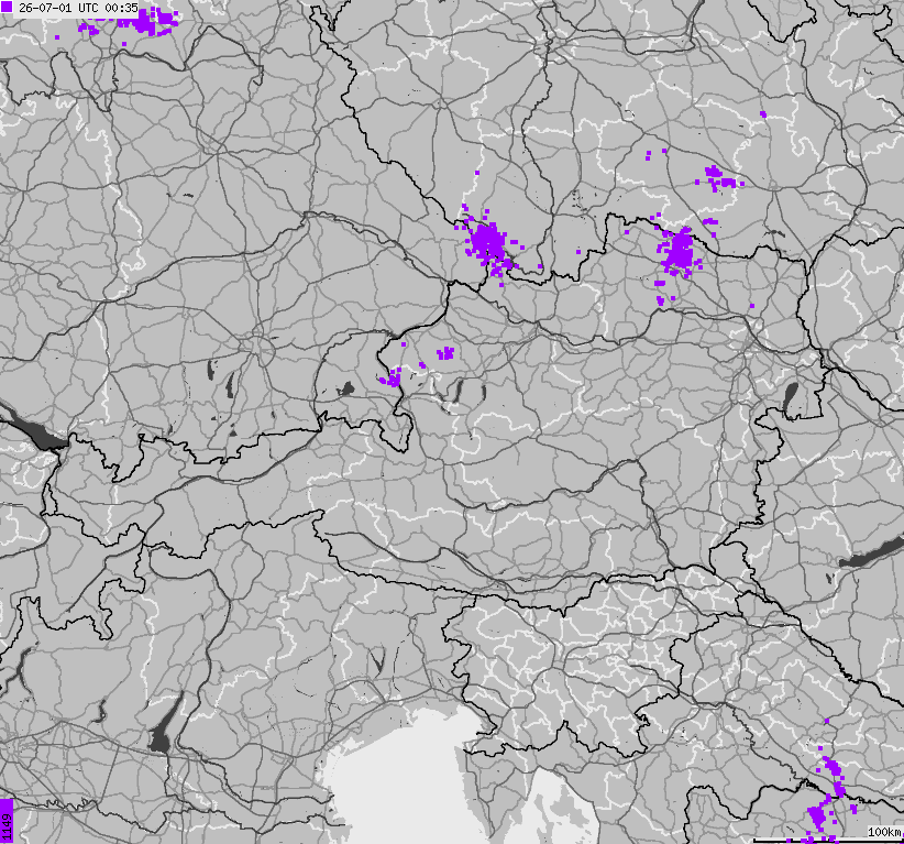 Mapa wyładowań atmosferycznych na obszarze Austrii