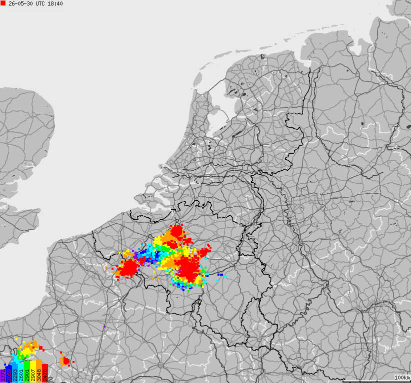 Mapa wyładowań atmosferycznych na obszarze Belgii, Luksemburga, Niderlandów