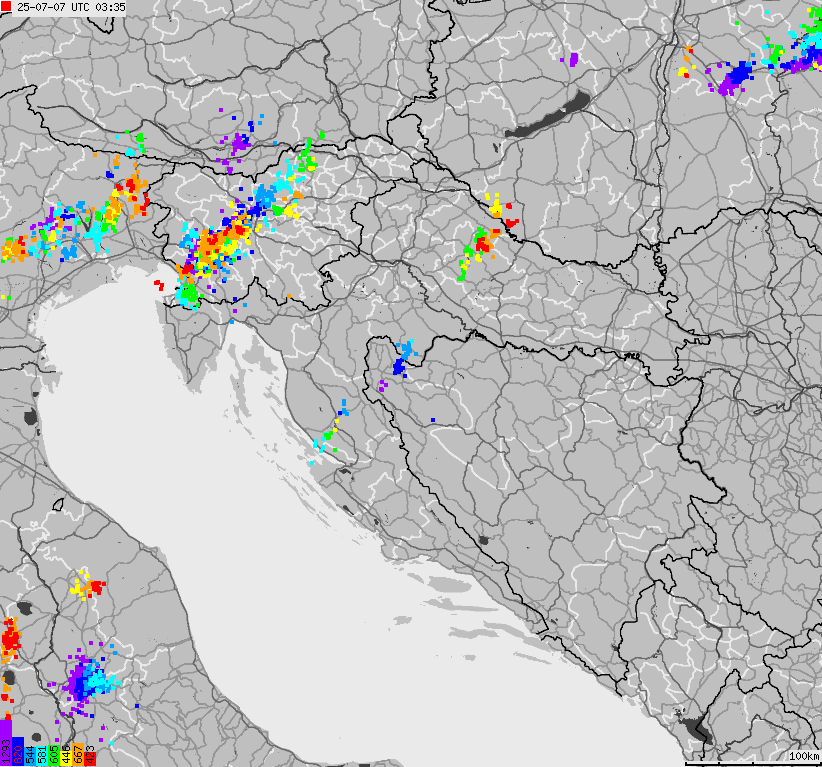 Map of lightnings across Bosnia and Herzegovina, Croatia, Slovenia