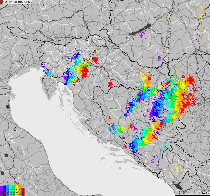 Map of lightnings across Bosnia and Herzegovina, Croatia, Slovenia