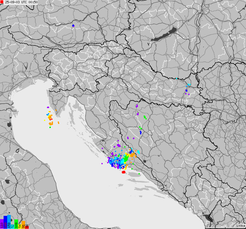 Map of lightnings across Bosnia and Herzegovina, Croatia, Slovenia
