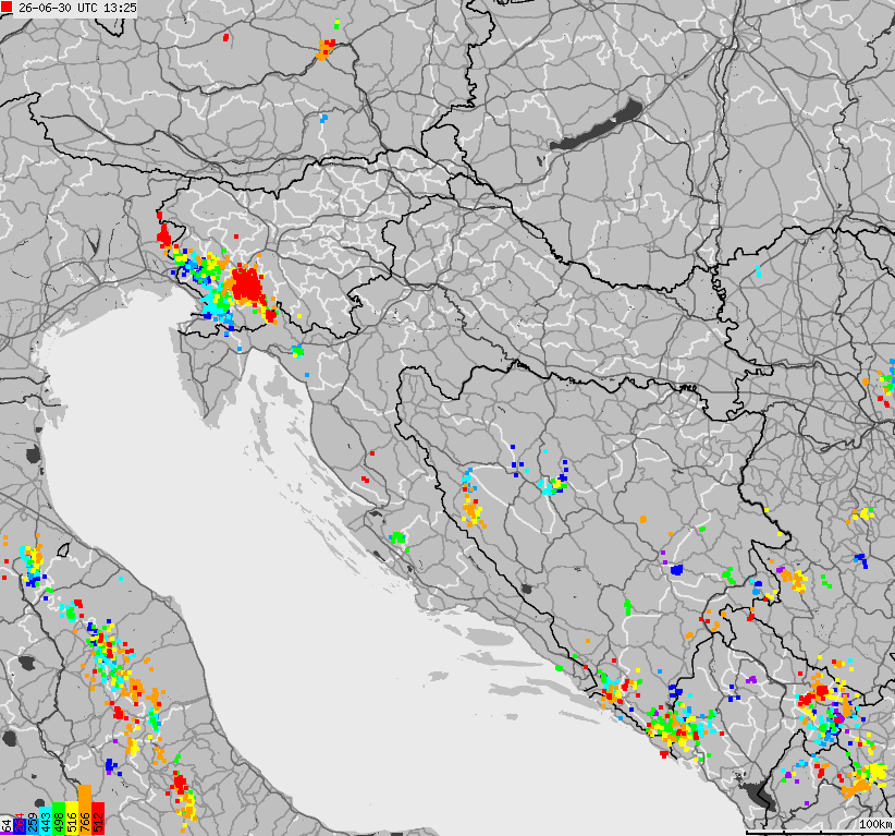 Map of lightnings across Bosnia and Herzegovina, Croatia, Slovenia