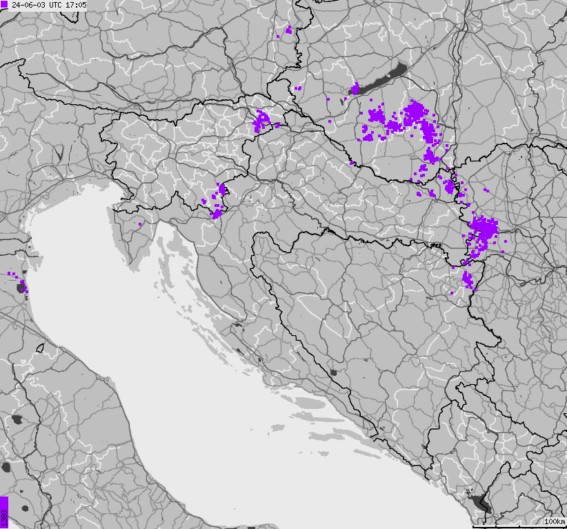 Mapa wyładowań atmosferycznych na obszarze Bośni i Hercegowiny, Chorwacji, Słowenii