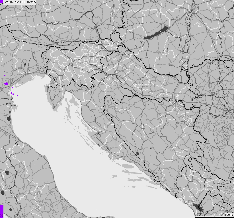 Mapa wyładowań atmosferycznych na obszarze Bośni i Hercegowiny, Chorwacji, Słowenii