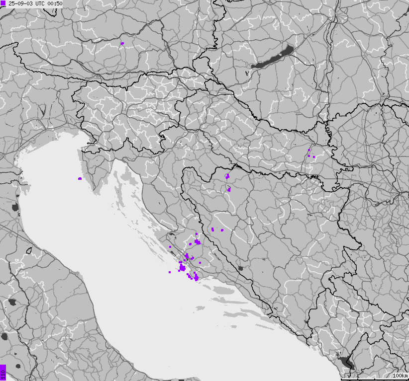 Mapa wyładowań atmosferycznych na obszarze Bośni i Hercegowiny, Chorwacji, Słowenii