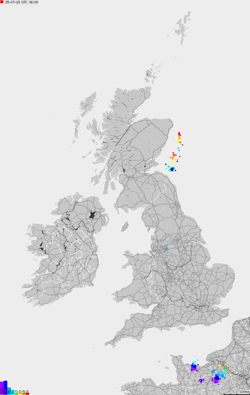 Map of lightnings across British Isles