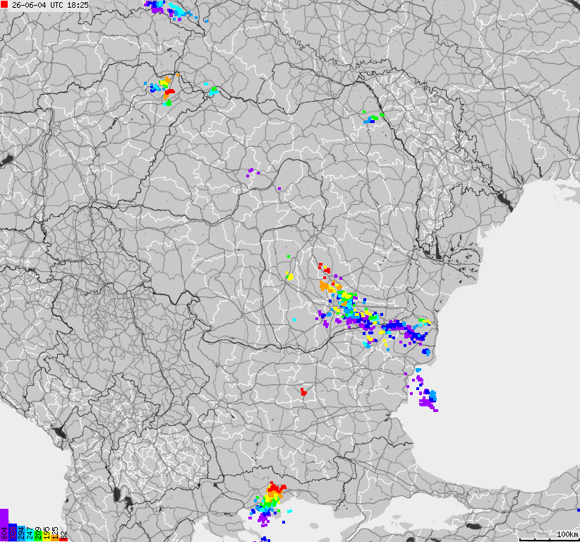 Mapa wyładowań atmosferycznych Bułgarii, Mołdawii, Rumunii