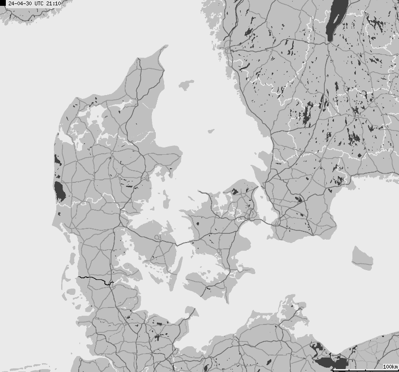 Mapa wyładowań atmosferycznych na obszarze Danii
