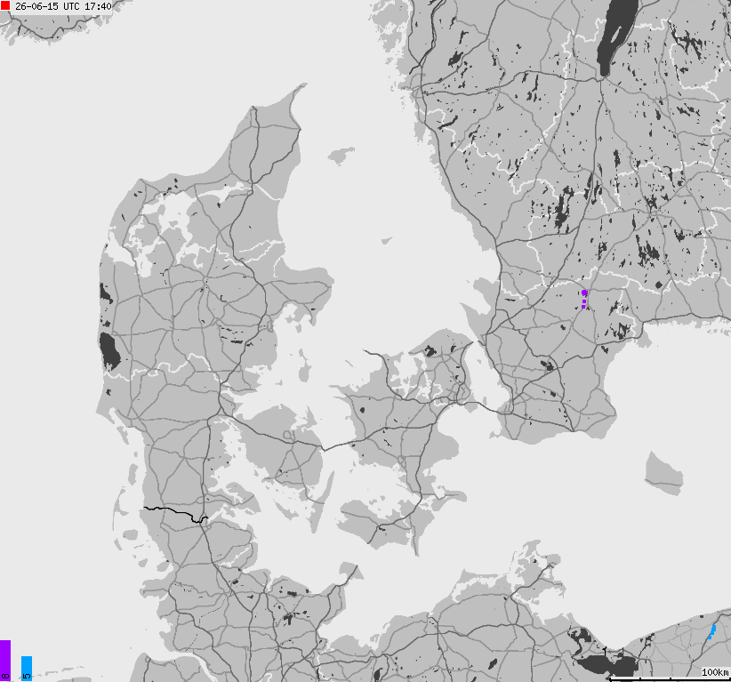 Mapa wyładowań atmosferycznych na obszarze Danii