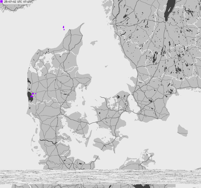 Map of lightnings across Denmark