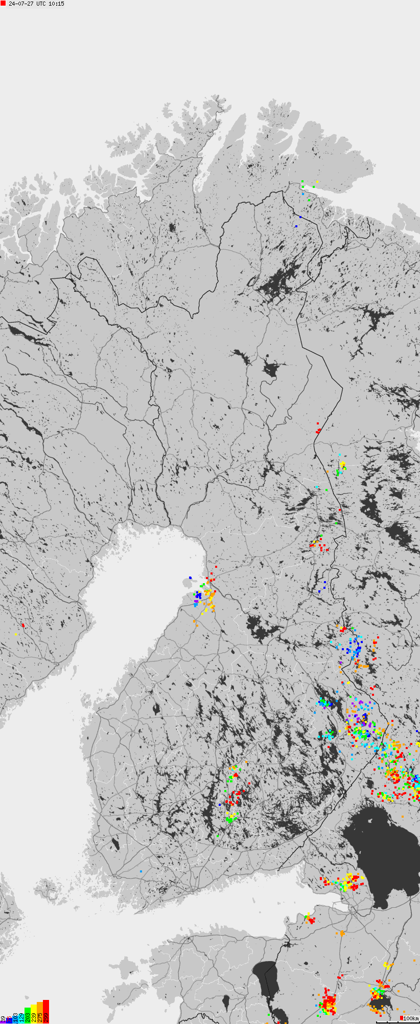 Mapa wyładowań atmosferycznych na obszarze Finlandii