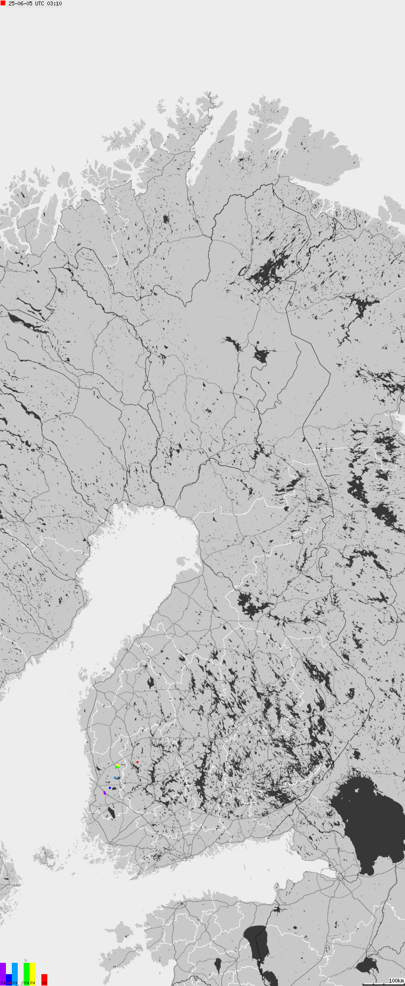 Mapa wyładowań atmosferycznych na obszarze Finlandii